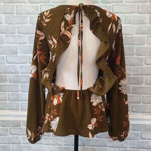Buckle Willow & Root Blouse Open Back Long Sleeve Peplum Boho Ruffled L Brown
